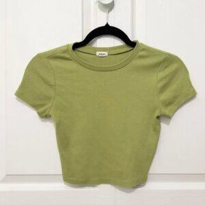 Women Garage Crew Neck Ribbed Cropped Top in Lime Green Size Extra Small
